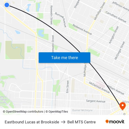 Eastbound Lucas at Brookside to Bell MTS Centre map