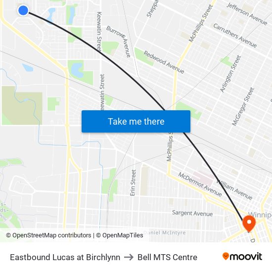 Eastbound Lucas at Birchlynn to Bell MTS Centre map