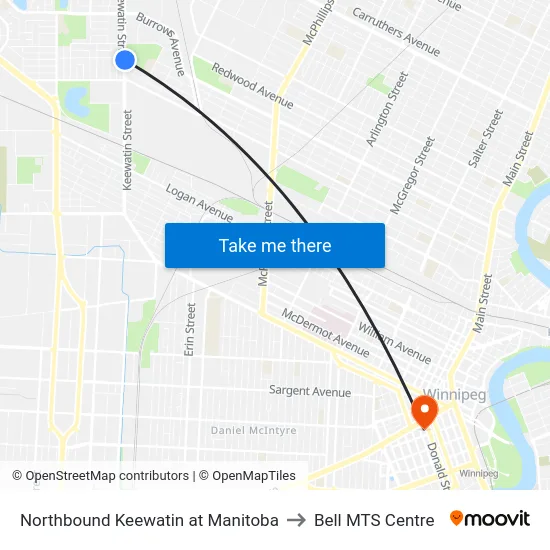 Northbound Keewatin at Manitoba to Bell MTS Centre map