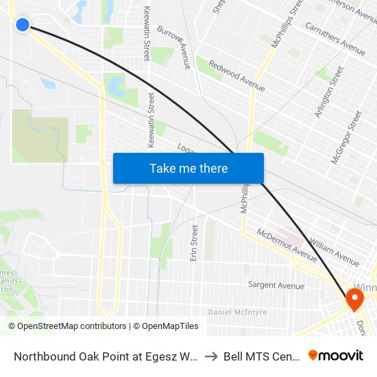 Northbound Oak Point at Egesz West to Bell MTS Centre map