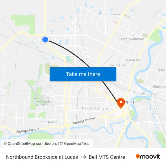 Northbound Brookside at Lucas to Bell MTS Centre map