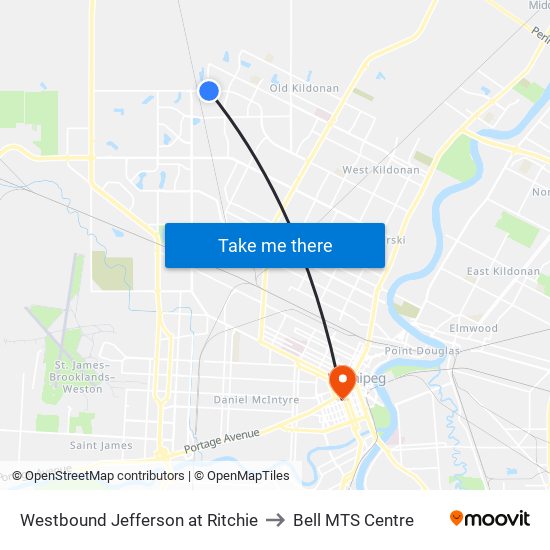 Westbound Jefferson at Ritchie to Bell MTS Centre map