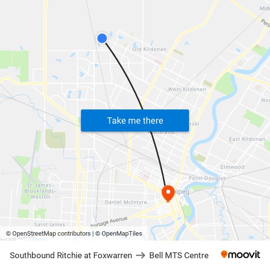 Southbound Ritchie at Foxwarren to Bell MTS Centre map