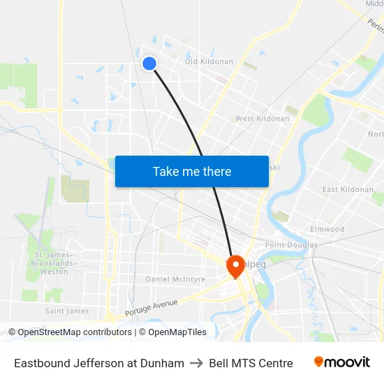 Eastbound Jefferson at Dunham to Bell MTS Centre map