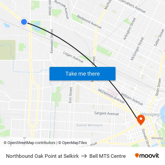 Northbound Oak Point at Selkirk to Bell MTS Centre map