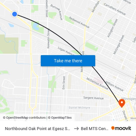 Northbound Oak Point at Egesz South to Bell MTS Centre map