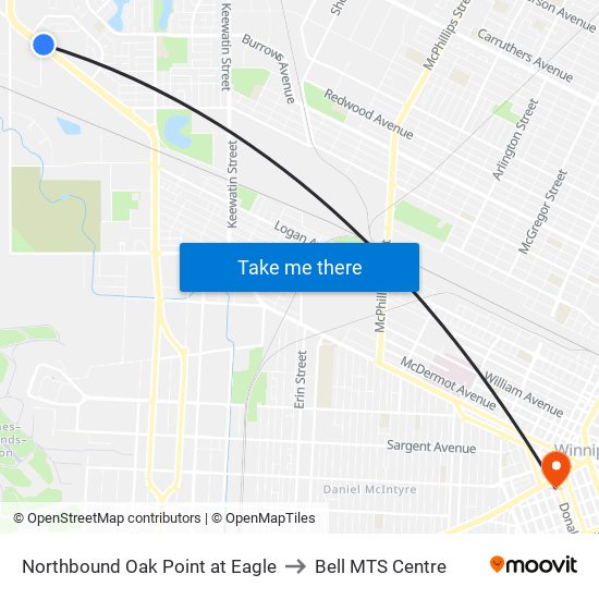 Northbound Oak Point at Eagle to Bell MTS Centre map