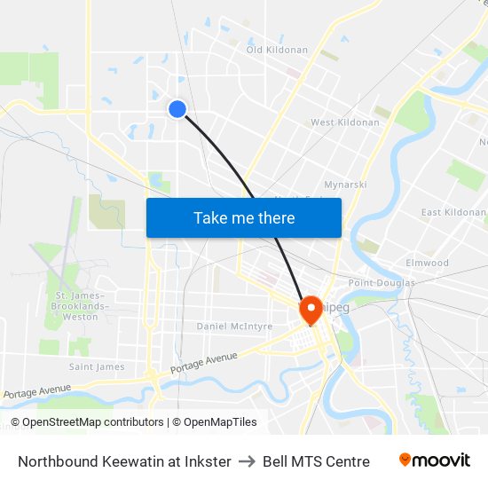 Northbound Keewatin at Inkster to Bell MTS Centre map