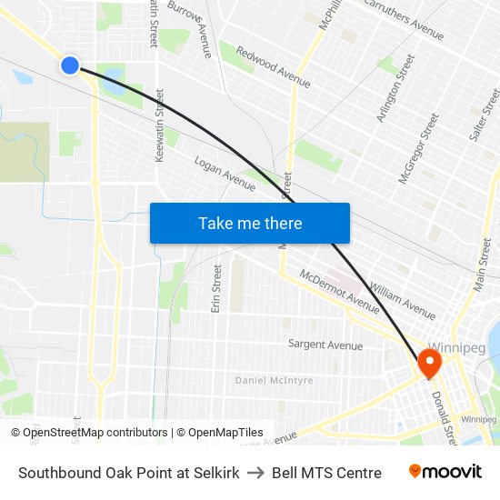 Southbound Oak Point at Selkirk to Bell MTS Centre map