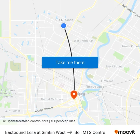 Eastbound Leila at Simkin West to Bell MTS Centre map