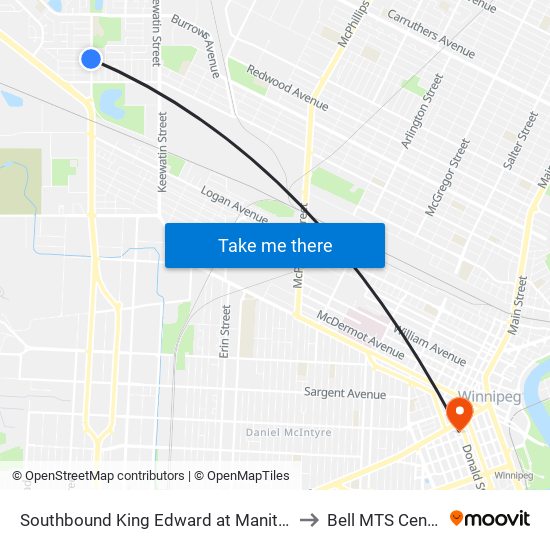 Southbound King Edward at Manitoba to Bell MTS Centre map