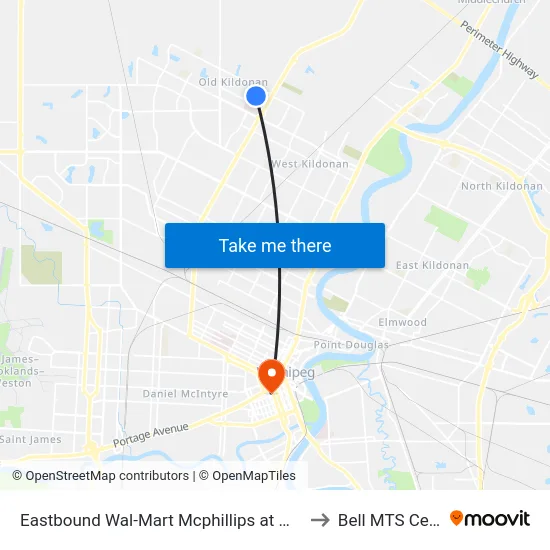 Eastbound Wal-Mart Mcphillips at Wal-Mart to Bell MTS Centre map