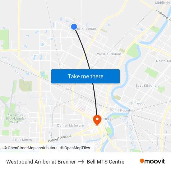 Westbound Amber at Brenner to Bell MTS Centre map