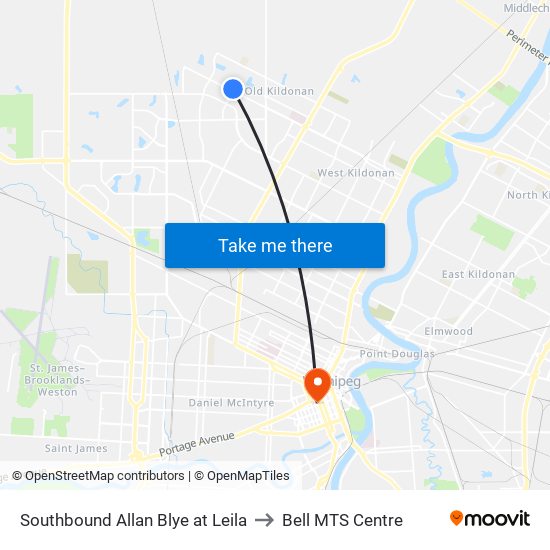 Southbound Allan Blye at Leila to Bell MTS Centre map