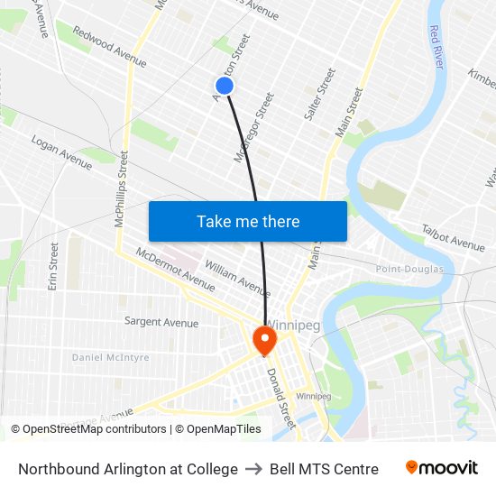 Northbound Arlington at College to Bell MTS Centre map