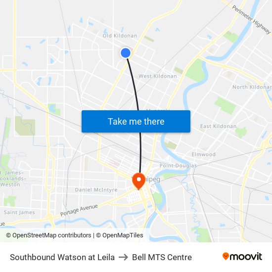 Southbound Watson at Leila to Bell MTS Centre map