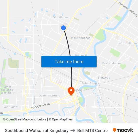 Southbound Watson at Kingsbury to Bell MTS Centre map
