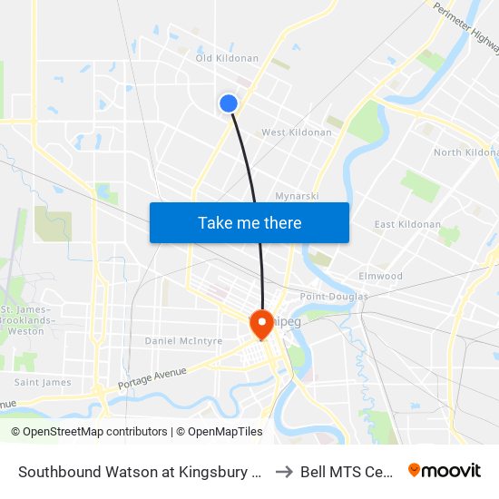 Southbound Watson at Kingsbury South to Bell MTS Centre map