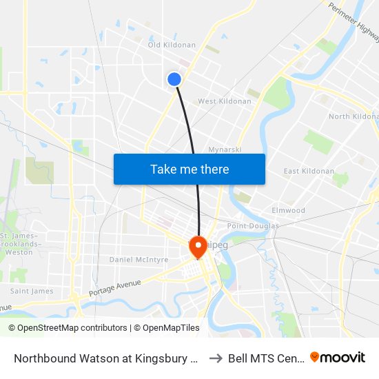 Northbound Watson at Kingsbury South to Bell MTS Centre map