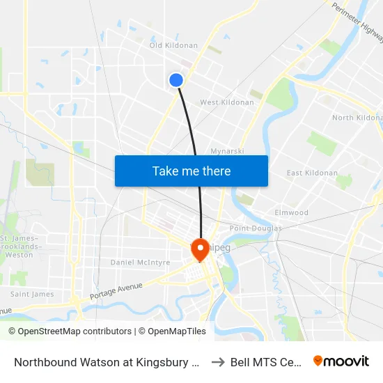 Northbound Watson at Kingsbury South to Bell MTS Centre map