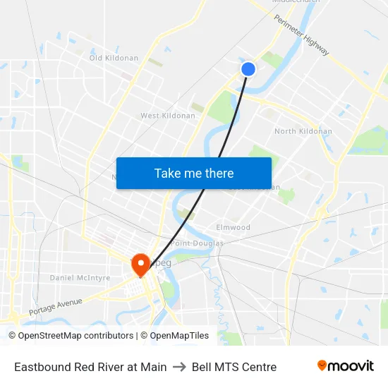 Eastbound Red River at Main to Bell MTS Centre map