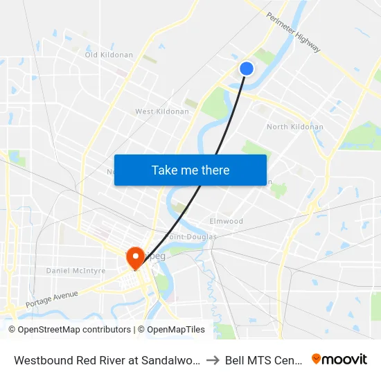 Westbound Red River at Sandalwood to Bell MTS Centre map