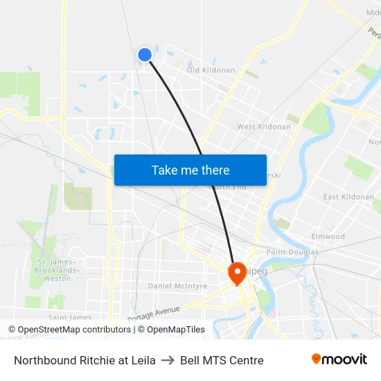 Northbound Ritchie at Leila to Bell MTS Centre map