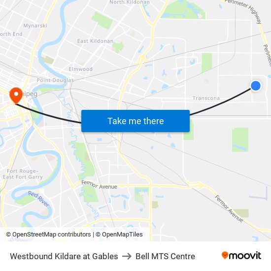 Westbound Kildare at Gables to Bell MTS Centre map