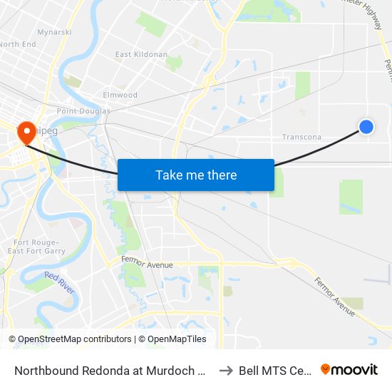 Northbound Redonda at Murdoch Mackay to Bell MTS Centre map