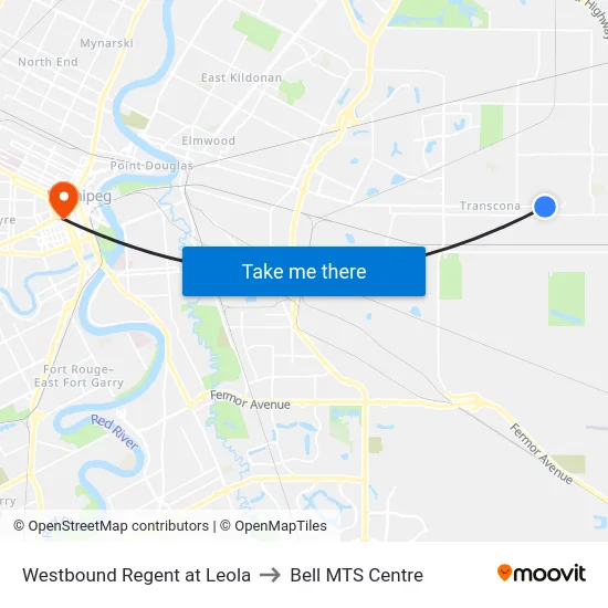 Westbound Regent at Leola to Bell MTS Centre map