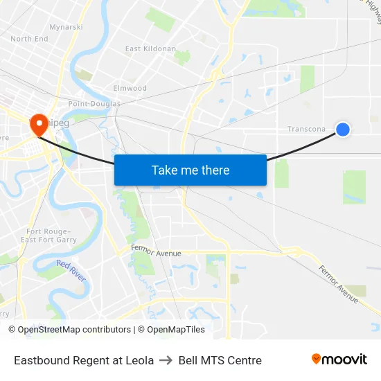 Eastbound Regent at Leola to Bell MTS Centre map