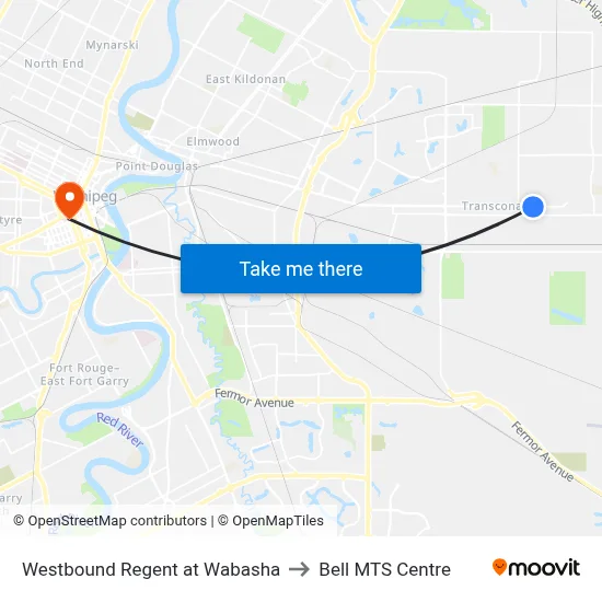 Westbound Regent at Wabasha to Bell MTS Centre map