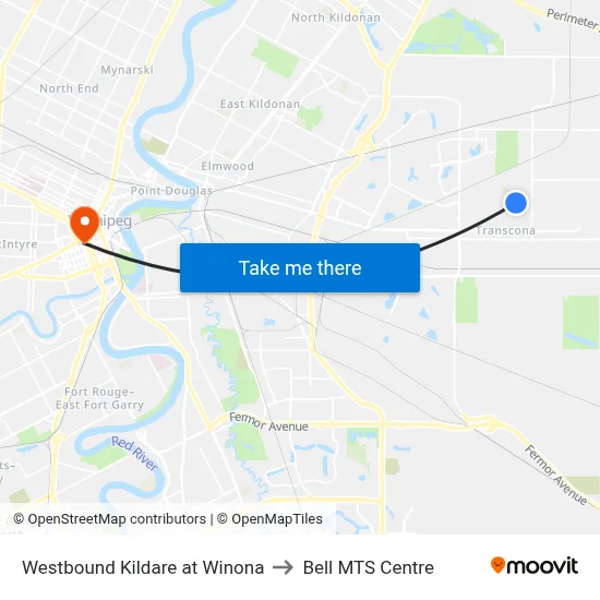 Westbound Kildare at Winona to Bell MTS Centre map