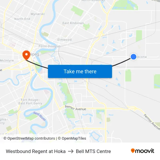 Westbound Regent at Hoka to Bell MTS Centre map