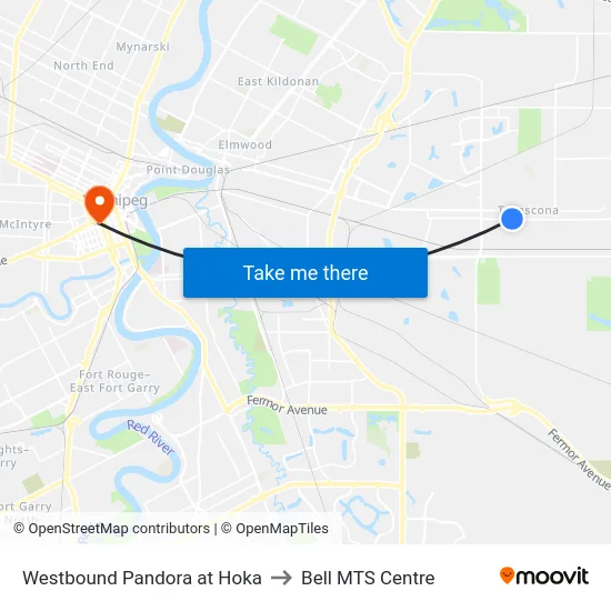 Westbound Pandora at Hoka to Bell MTS Centre map