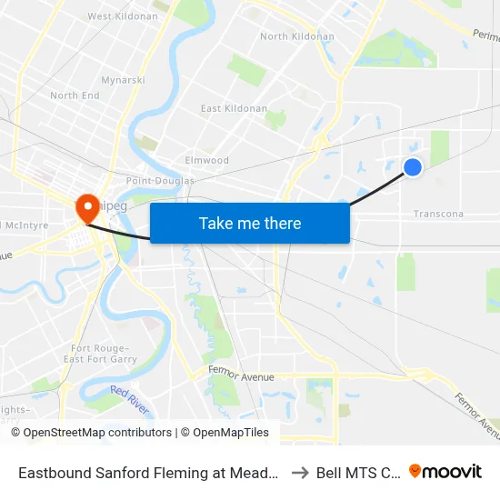 Eastbound Sanford Fleming at Meadow Gate East to Bell MTS Centre map
