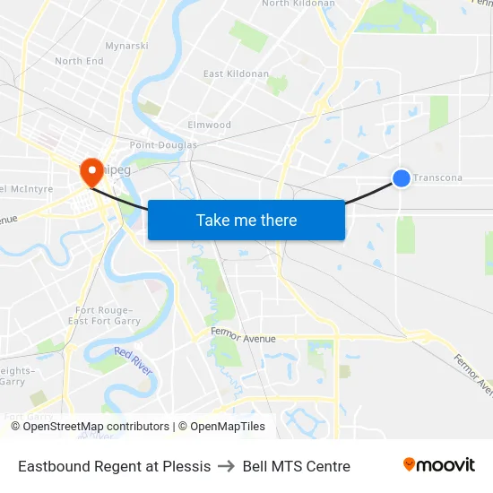 Eastbound Regent at Plessis to Bell MTS Centre map