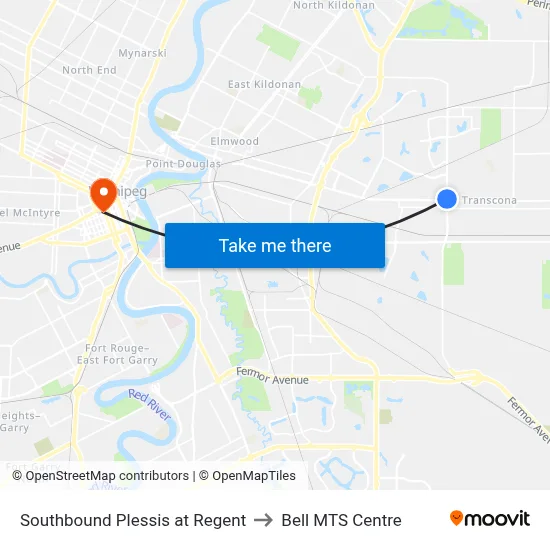 Southbound Plessis at Regent to Bell MTS Centre map