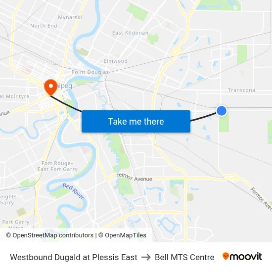 Westbound Dugald at Plessis East to Bell MTS Centre map