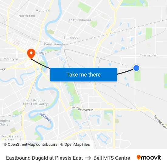 Eastbound Dugald at Plessis East to Bell MTS Centre map