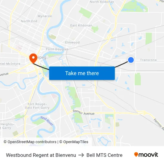 Westbound Regent at Bienvenu to Bell MTS Centre map