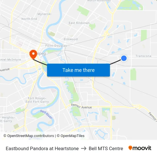 Eastbound Pandora at Heartstone to Bell MTS Centre map
