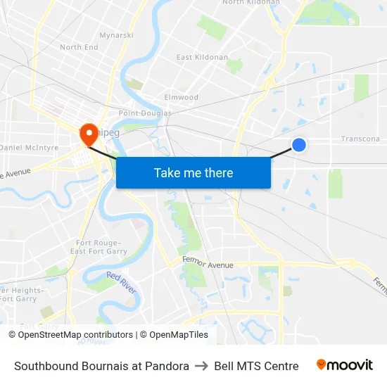 Southbound Bournais at Pandora to Bell MTS Centre map