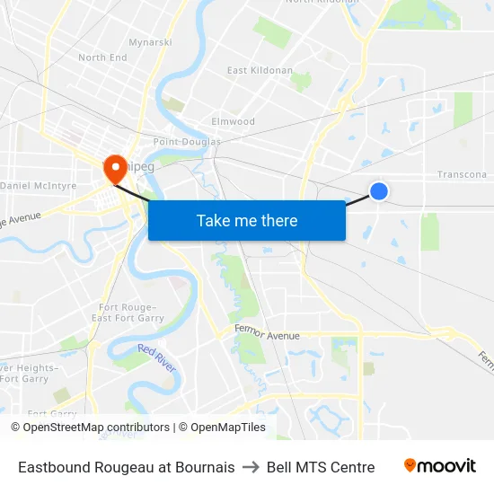Eastbound Rougeau at Bournais to Bell MTS Centre map