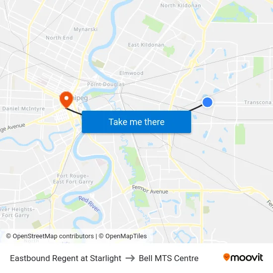 Eastbound Regent at Starlight to Bell MTS Centre map
