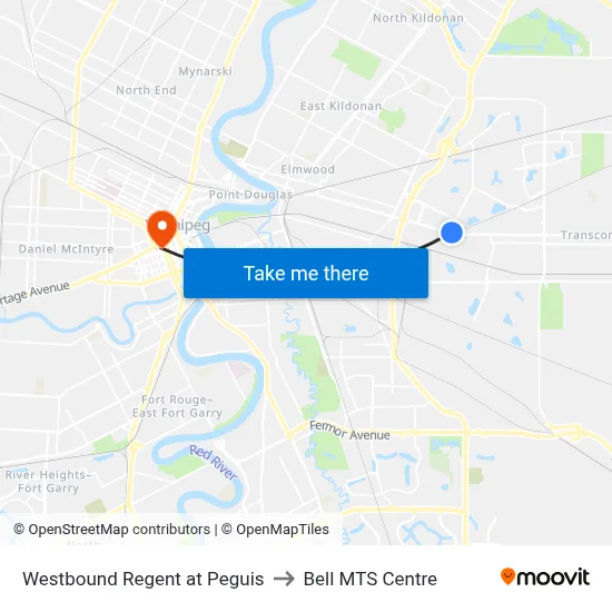 Westbound Regent at Peguis to Bell MTS Centre map