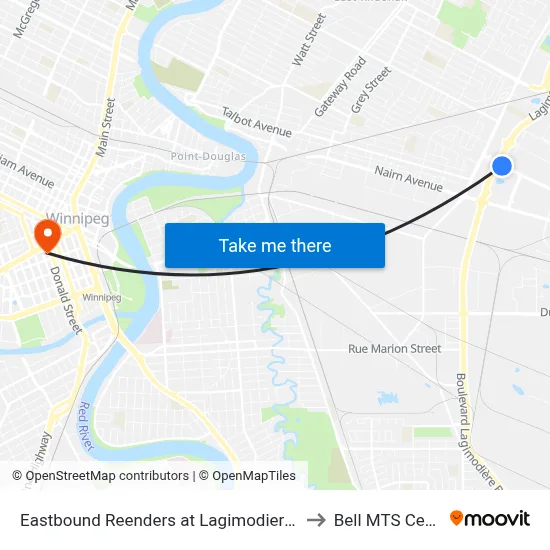 Eastbound Reenders at Lagimodiere East to Bell MTS Centre map
