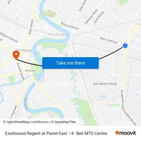 Eastbound Regent at Panet East to Bell MTS Centre map