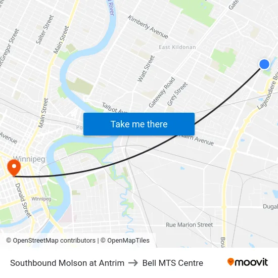 Southbound Molson at Antrim to Bell MTS Centre map