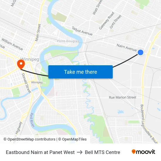 Eastbound Nairn at Panet West to Bell MTS Centre map